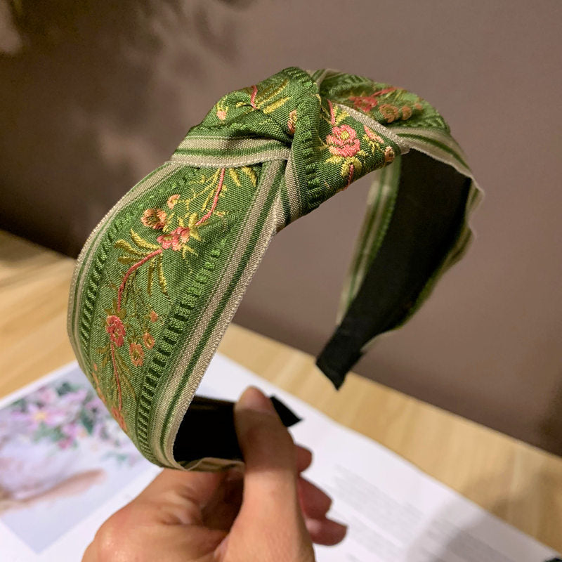 Wholesale Embroidery Retro Knotted Wide Fabric Headband